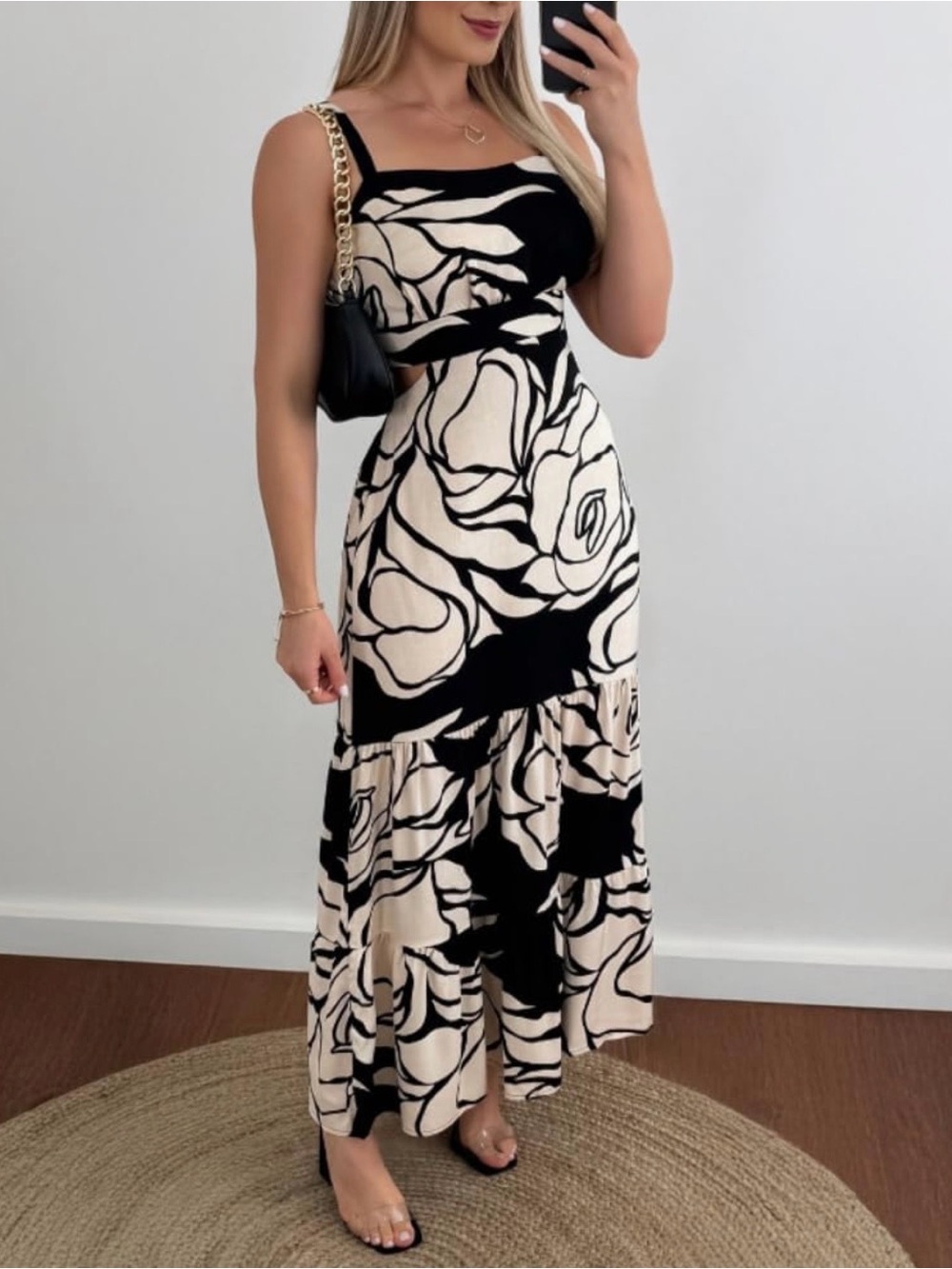 Black & Cream Floral Cutout Maxi Dress with Square Neckline